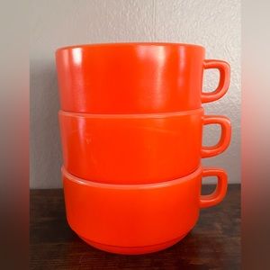 Lot Of 3 Vintage Anchor Hocking Fire King Orange Stackable Soup Bowl Mug Cup
